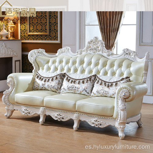 Sofás de salón de cuero europeo de madera de estilo lujoso